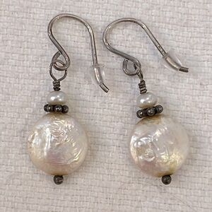 Sterling silver genuine button and seed pearls dangle drop earrings